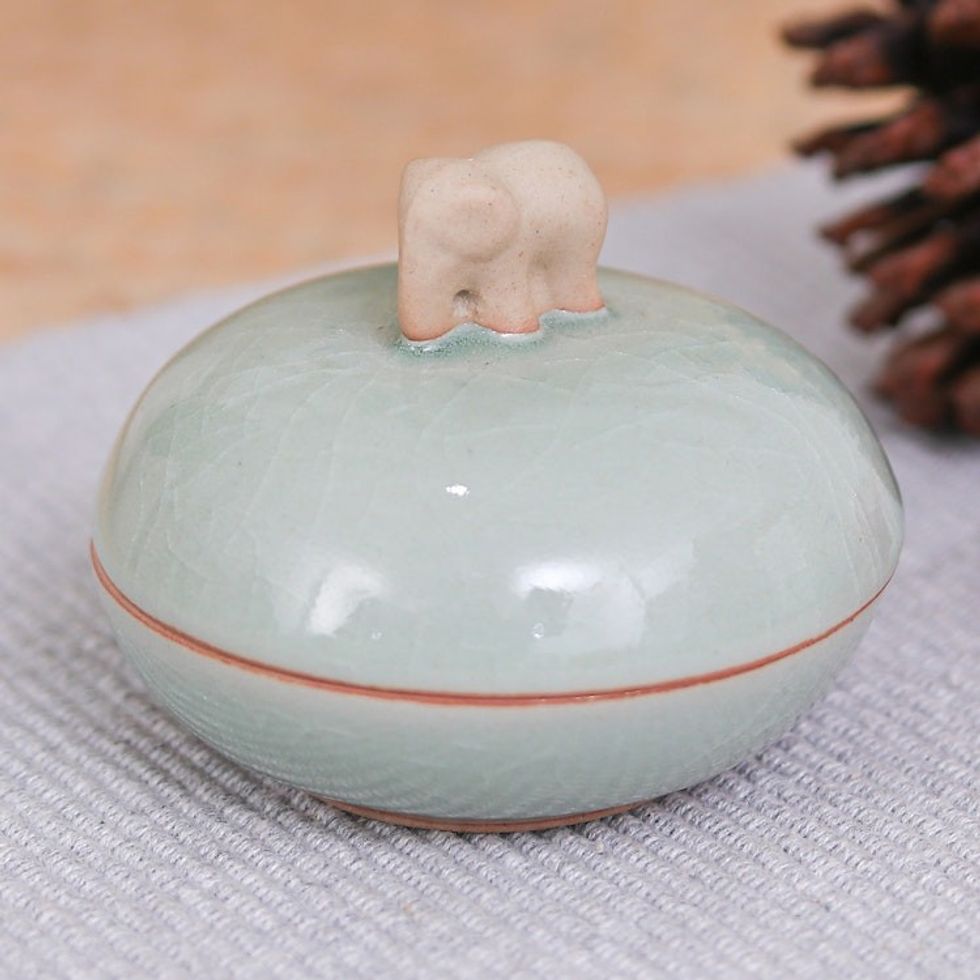 Thai Celadon Ceramic Elephant-Themed Jar with Lid in Green 'Elephant Allure'