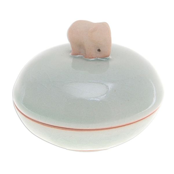Alternate image for Thai Celadon Ceramic Elephant-Themed Jar with Lid in Green Elephant Allure