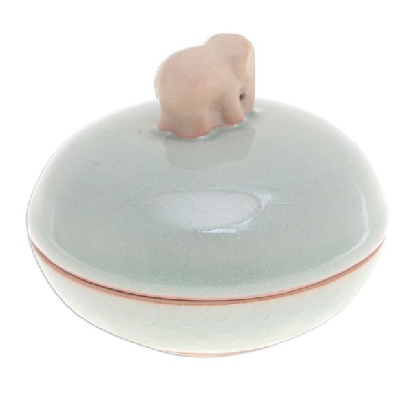 Alternate image for Thai Celadon Ceramic Elephant-Themed Jar with Lid in Green Elephant Allure