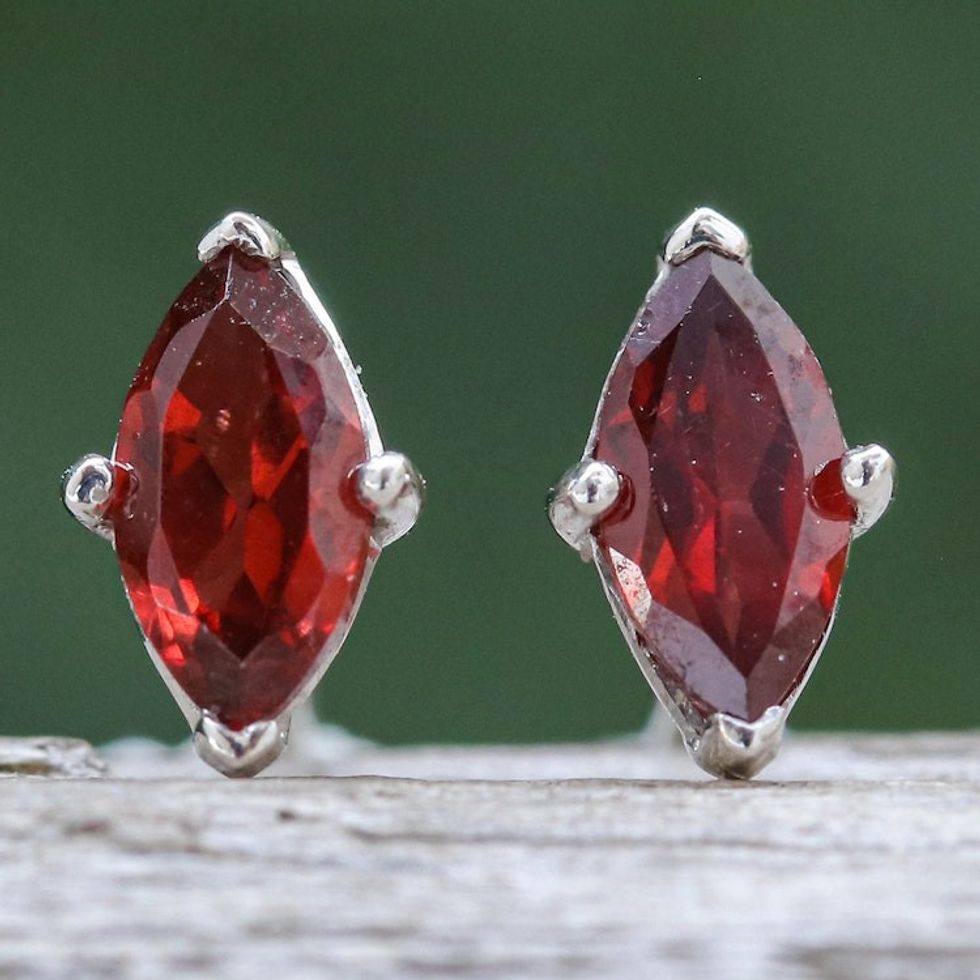 Polished Button Earrings with Marquise-Shaped Garnet Gems 'The Perseverant Marchioness'