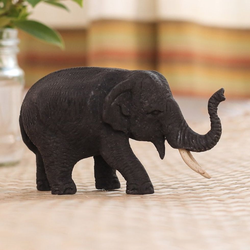 Hand-Painted Teak Wood Elephant Statuette 'Night Walk'