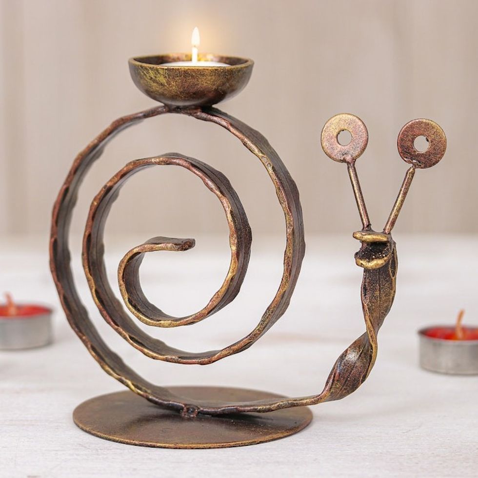 Handcrafted Iron Snail Tealight Holder in Copper Hue 'Happy Snail'