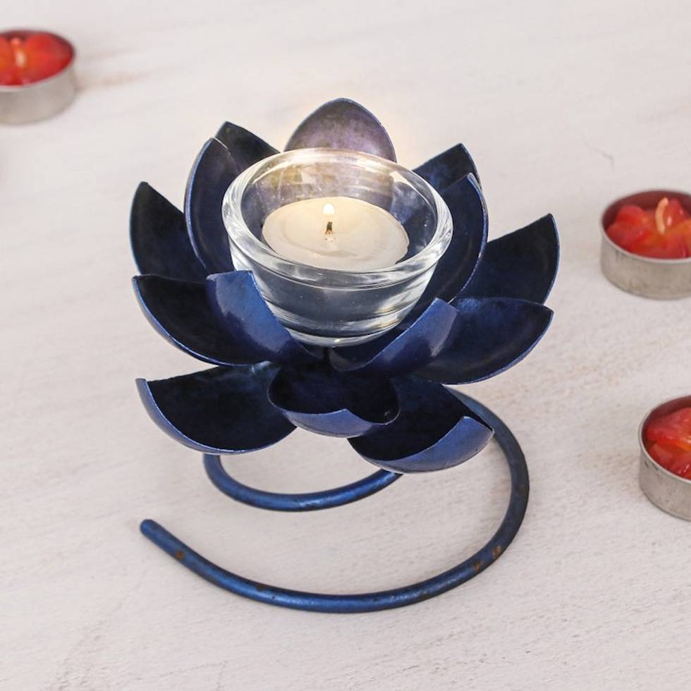 Handmade Steel Iron Lotus Flower Tealight Holder in Blue 'Lotus Flame in Blue'