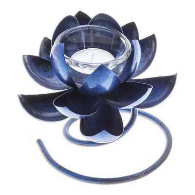 Alternate image for Handmade Steel Iron Lotus Flower Tealight Holder in Blue Lotus Flame in Blue