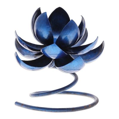 Alternate image for Handmade Steel Iron Lotus Flower Tealight Holder in Blue Lotus Flame in Blue