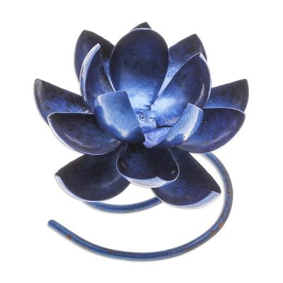 Alternate image for Handmade Steel Iron Lotus Flower Tealight Holder in Blue Lotus Flame in Blue