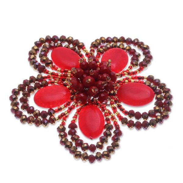 Alternate image for Handcrafted Floral Red Quartz and Glass Beaded Brooch Pin Spring in Love