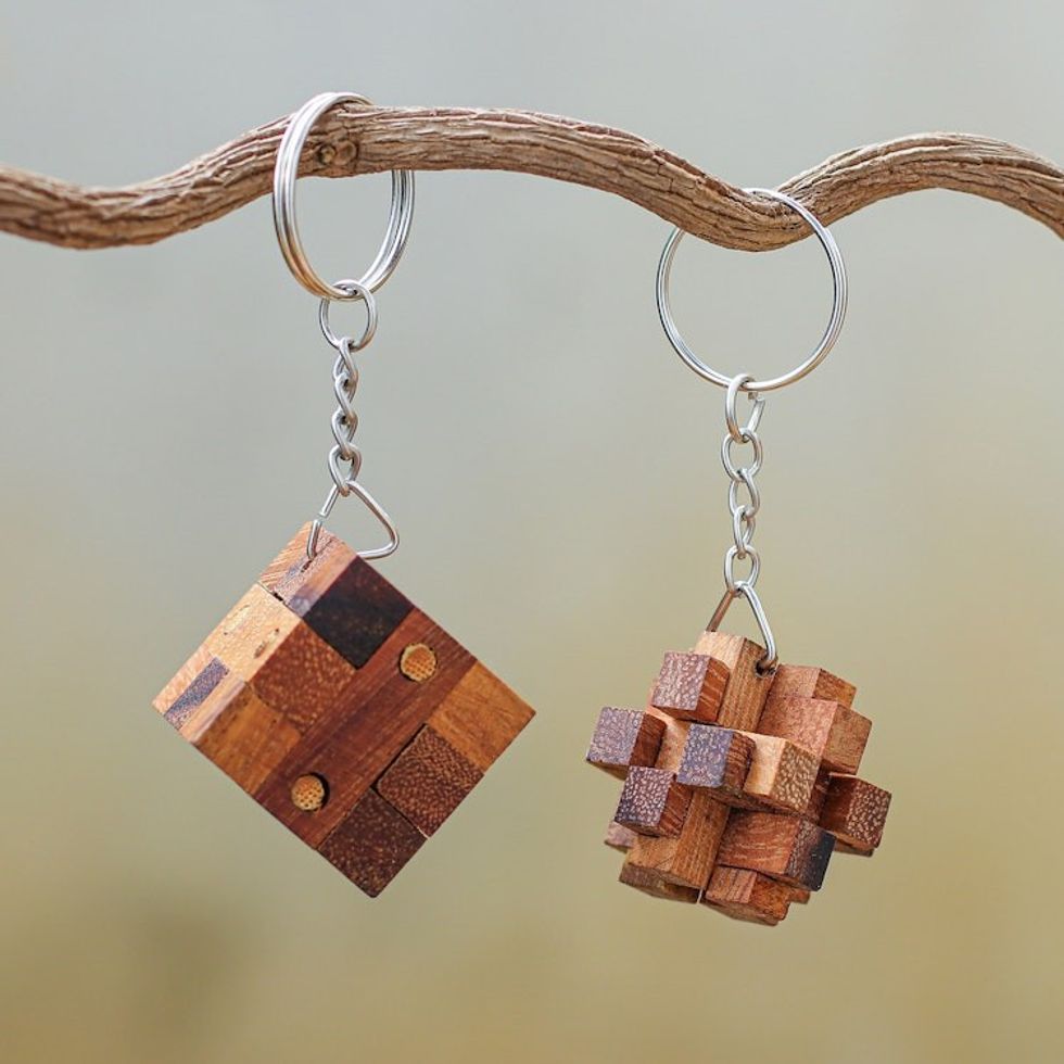 Wooden Puzzle Keyrings from Thailand Pair 'Nails and Squares'
