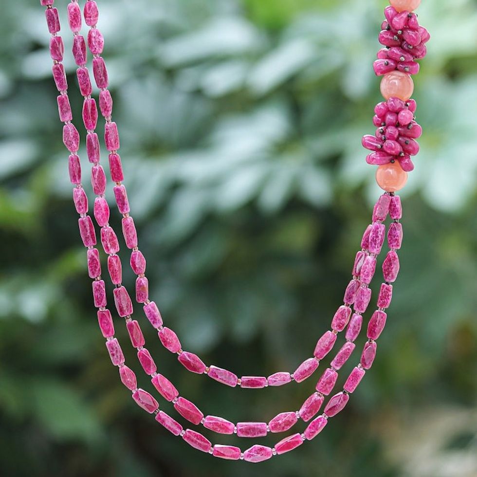 Hand Crafted Pink Quartz Glass Long Beaded Strand Necklace 'Pink Fantasy'