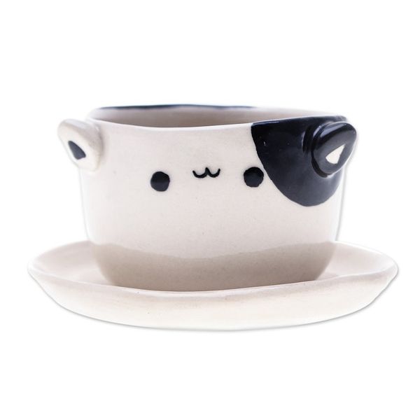 Alternate image for Cat-Themed Ivory Black Ceramic Mini Flower Pot with Saucer Kitty Delight