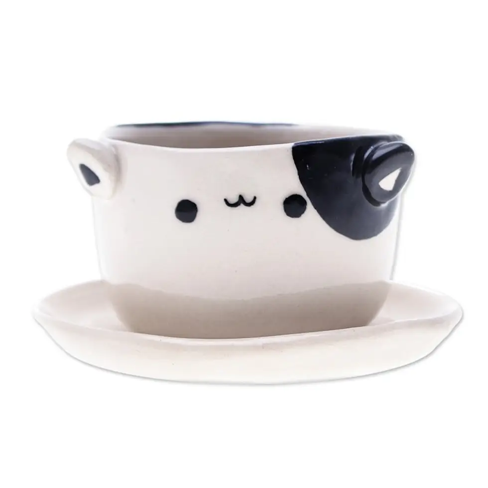 Cat-Themed Ivory Black Ceramic Mini Flower Pot with Saucer 'Kitty Delight'