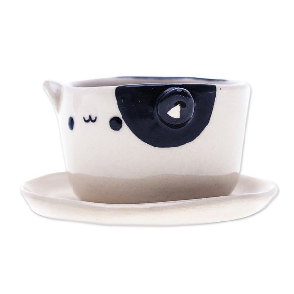 Alternate image for Cat-Themed Ivory Black Ceramic Mini Flower Pot with Saucer Kitty Delight