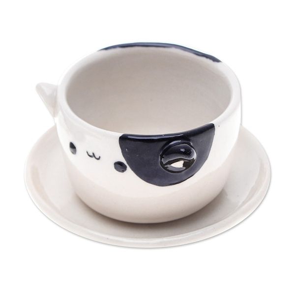 Alternate image for Cat-Themed Ivory Black Ceramic Mini Flower Pot with Saucer Kitty Delight