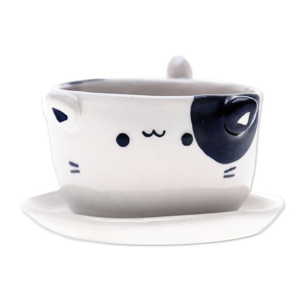 Alternate image for Handcrafted Cat-Shaped Ceramic Mini Flower Pot with Saucer Kitty Magic