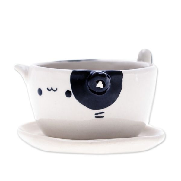 Alternate image for Handcrafted Cat-Shaped Ceramic Mini Flower Pot with Saucer Kitty Magic