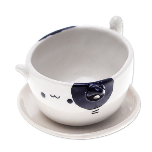 Alternate image for Handcrafted Cat-Shaped Ceramic Mini Flower Pot with Saucer Kitty Magic