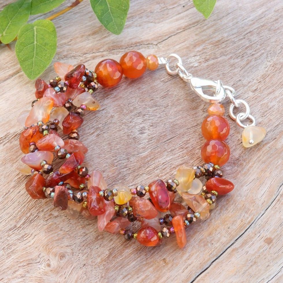 Orange-Toned Carnelian and Chalcedony Beaded Strand Bracelet 'Courageous Jewels'
