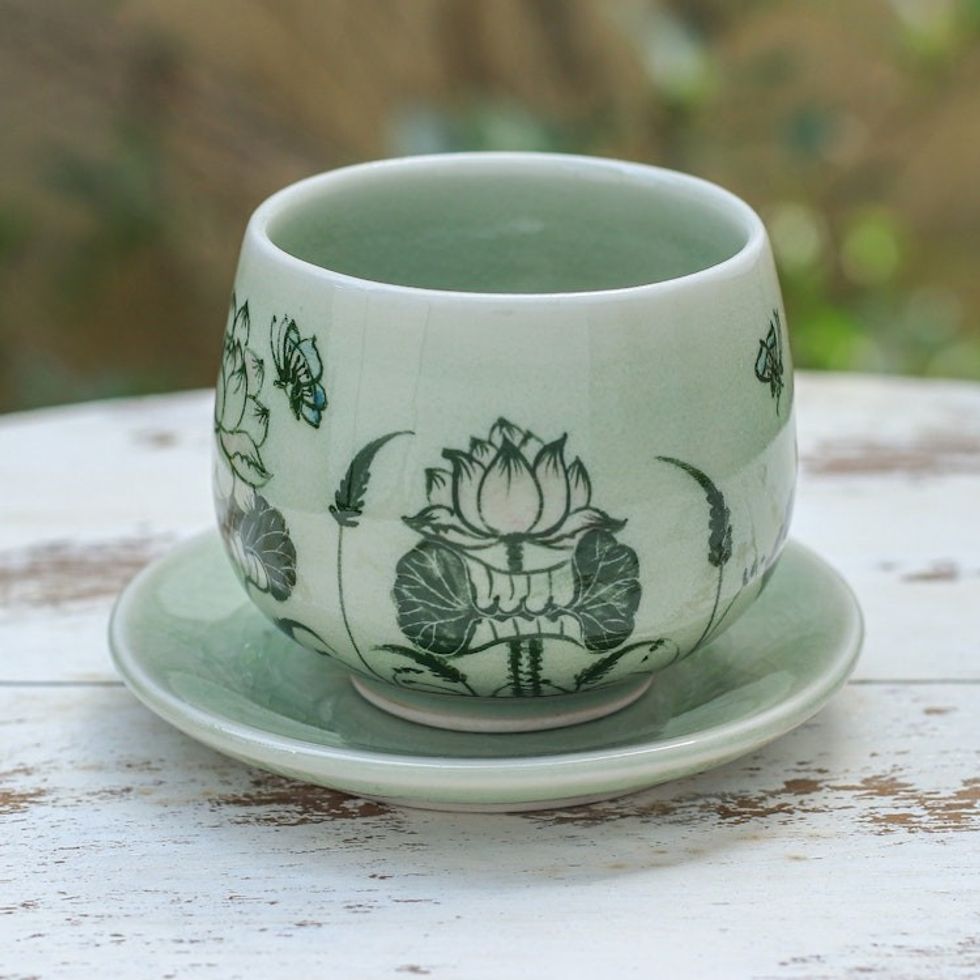 Handmade Celadon Ceramic Green Cup and Saucer with Flowers 'Luxuriant Lotus'