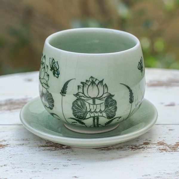 Alternate image for Handmade Celadon Ceramic Green Cup and Saucer with Flowers Luxuriant Lotus
