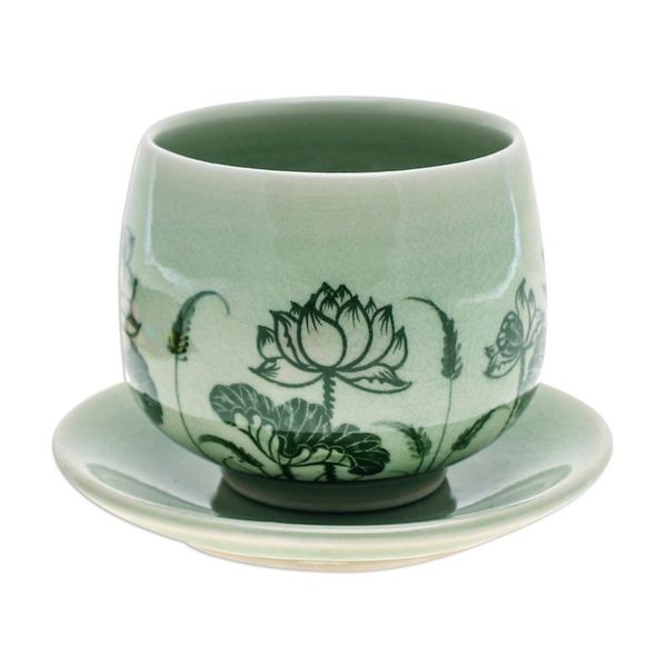 Alternate image for Handmade Celadon Ceramic Green Cup and Saucer with Flowers Luxuriant Lotus