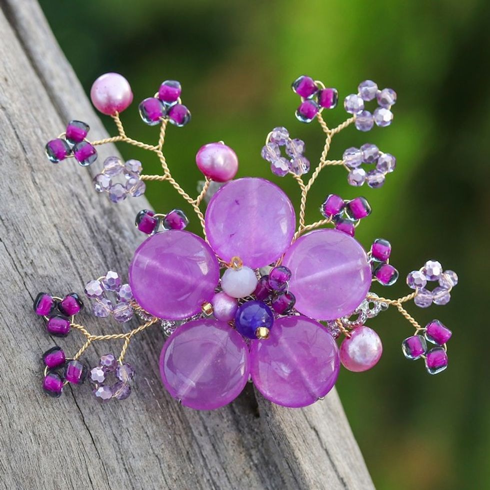 Flower-Shaped Purple Cultured Pearl and Quartz Brooch Pin 'Petals of Magic'