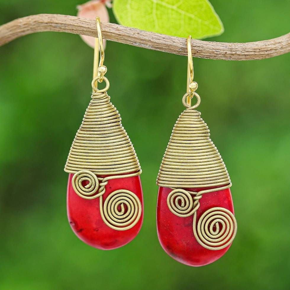 Polished Brass Dangle Earrings with Red Magnesite Jewels 'Passionate Swirls'