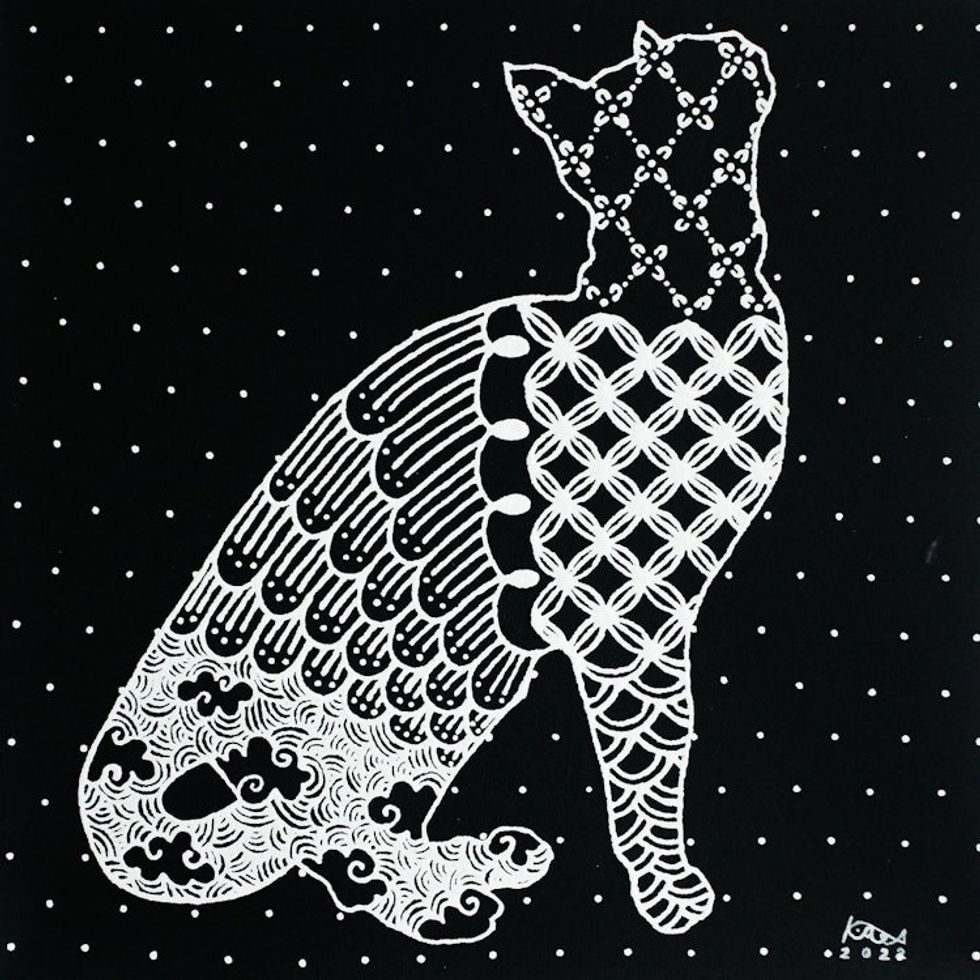 Thai Kitty Cat Painting with Design Motifs 'Waiting Cat'