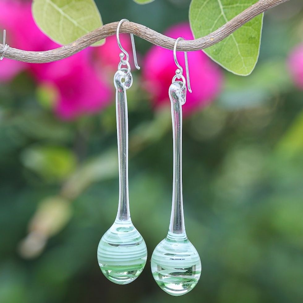 Green White Clear Abstract Handblown Glass Dangle Earrings 'Green Pendulum'