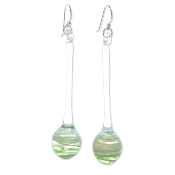Alternate image for Green White Clear Abstract Handblown Glass Dangle Earrings Green Pendulum