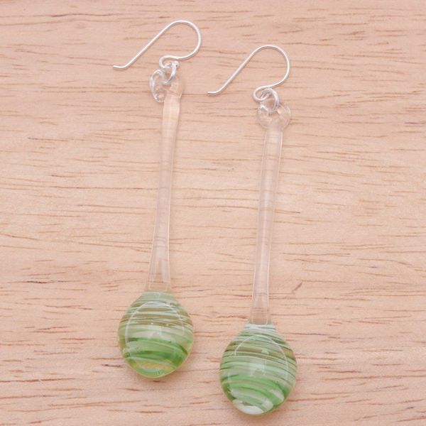 Alternate image for Green White Clear Abstract Handblown Glass Dangle Earrings Green Pendulum