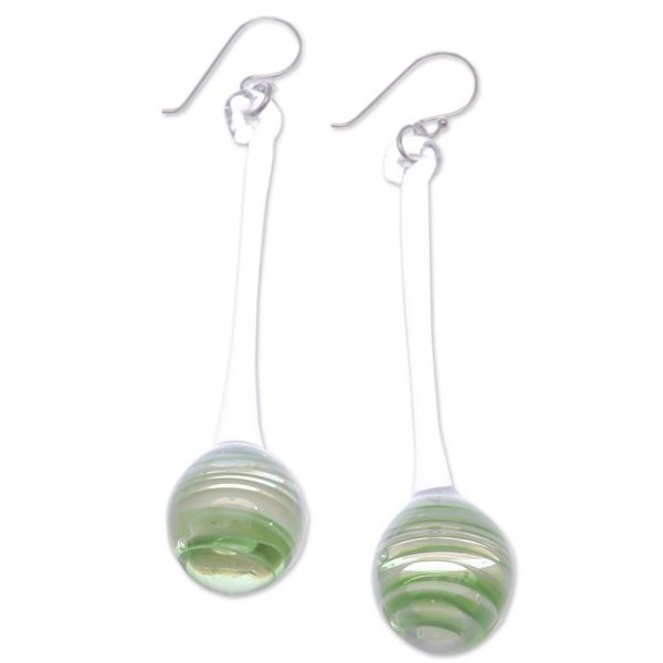 Alternate image for Green White Clear Abstract Handblown Glass Dangle Earrings Green Pendulum