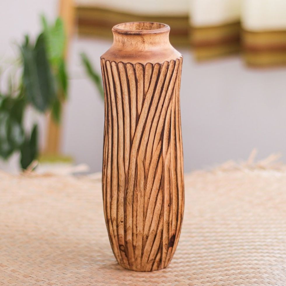 Wood Decorative Vase Handcrafted in Thailand 'Brown Strips'
