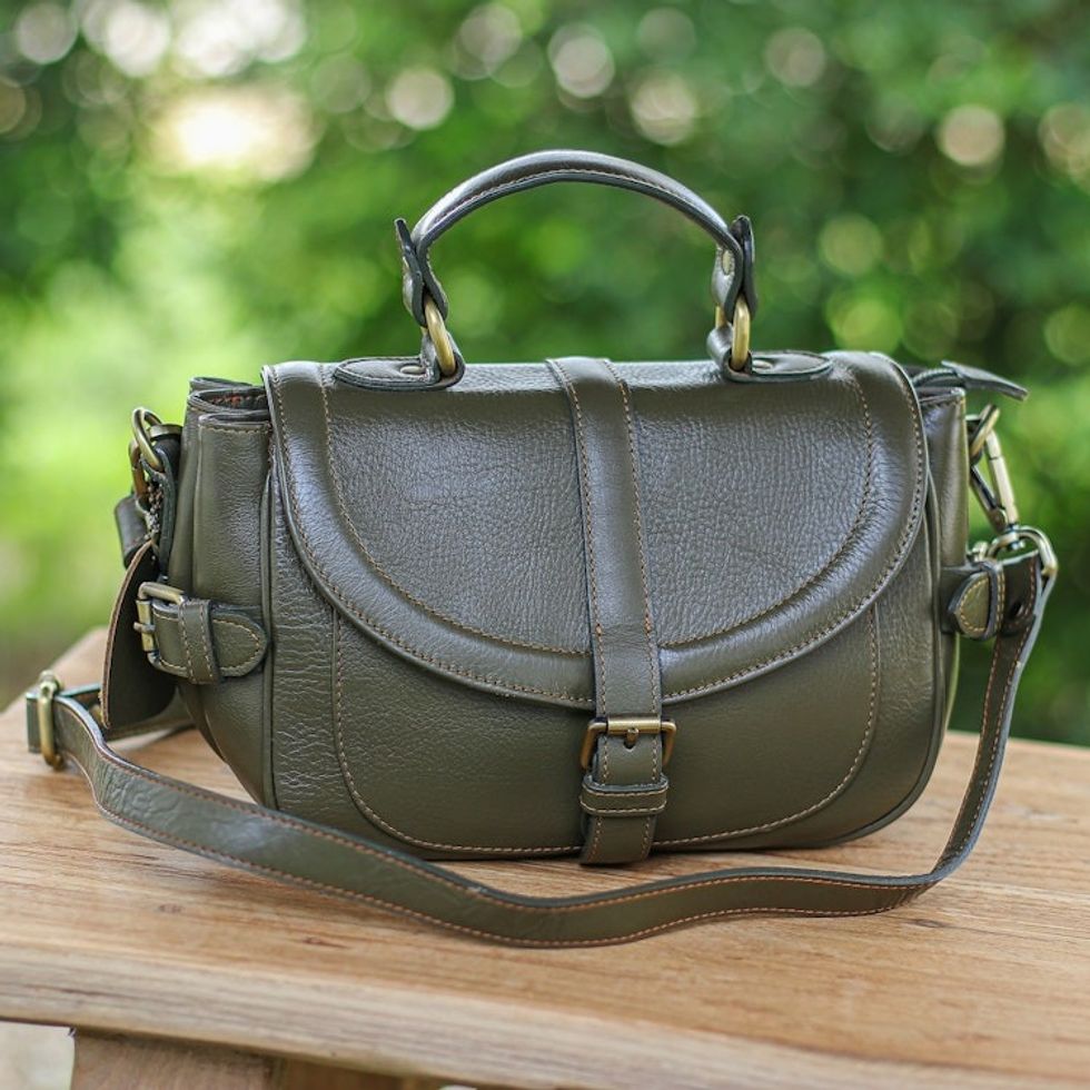 100 Olive Leather Shoulder Bag with Detachable Strap 'Olive Queen'