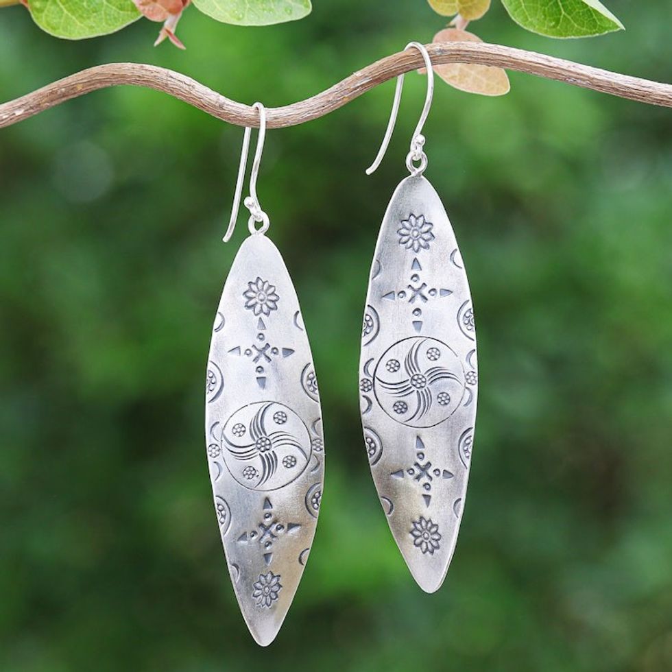 Folk Art Leaf-Shaped Hill Tribe Silver Dangle Earrings 'Divine Leaves'