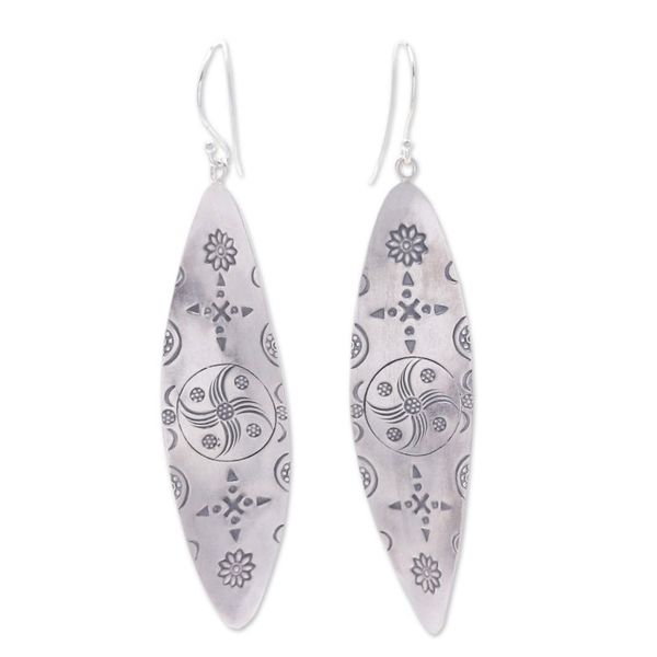 Alternate image for Folk Art Leaf-Shaped Hill Tribe Silver Dangle Earrings Divine Leaves