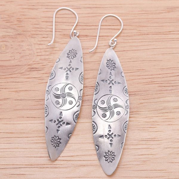 Alternate image for Folk Art Leaf-Shaped Hill Tribe Silver Dangle Earrings Divine Leaves