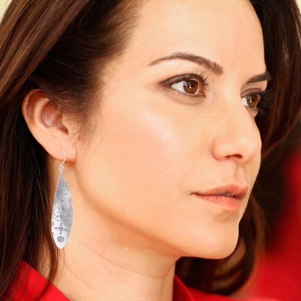Alternate image for Folk Art Leaf-Shaped Hill Tribe Silver Dangle Earrings Divine Leaves