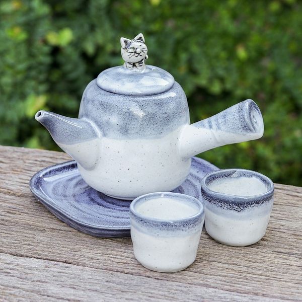 Alternate image for Cat-Themed Blue Ceramic Tea Set with Two Cups and a Tray Cozy Meows