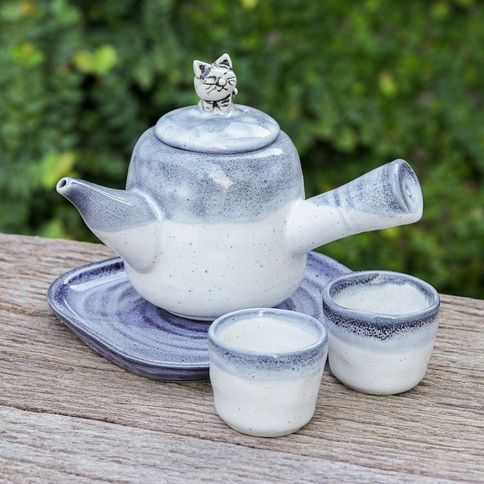Cat-Themed Blue Ceramic Tea Set with Two Cups and a Tray 'Cozy Meows'