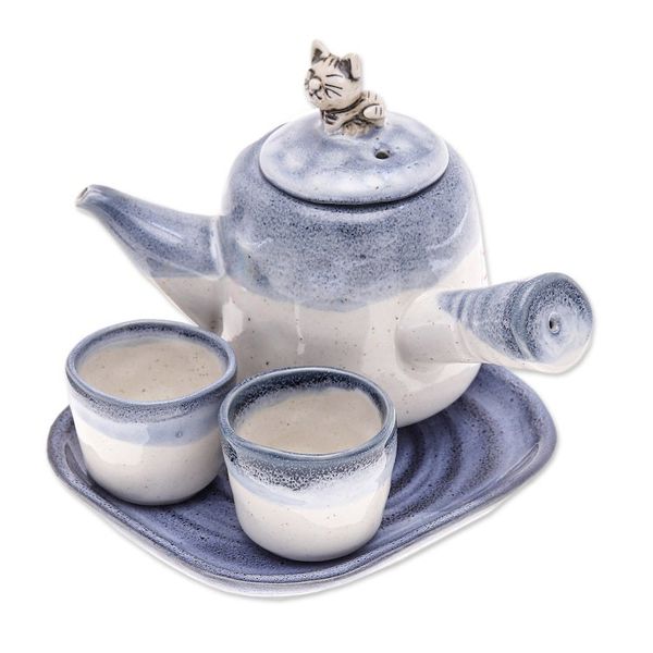 Alternate image for Cat-Themed Blue Ceramic Tea Set with Two Cups and a Tray Cozy Meows