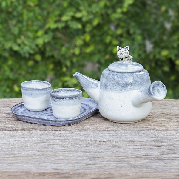 Alternate image for Cat-Themed Blue Ceramic Tea Set with Two Cups and a Tray Cozy Meows