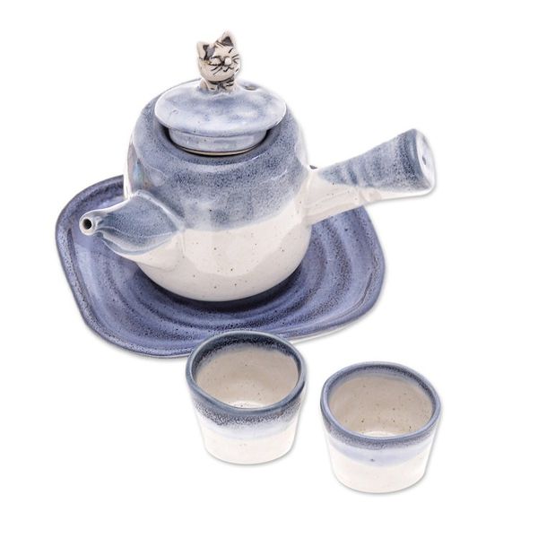 Alternate image for Cat-Themed Blue Ceramic Tea Set with Two Cups and a Tray Cozy Meows