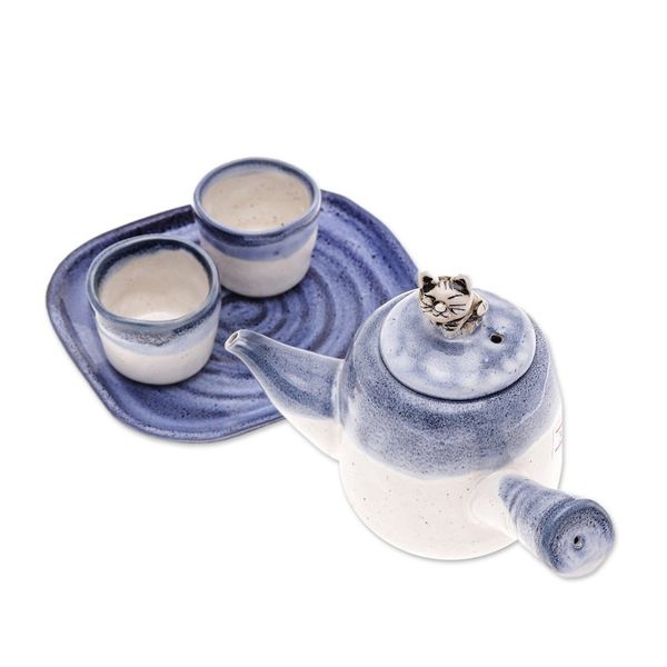 Alternate image for Cat-Themed Blue Ceramic Tea Set with Two Cups and a Tray Cozy Meows