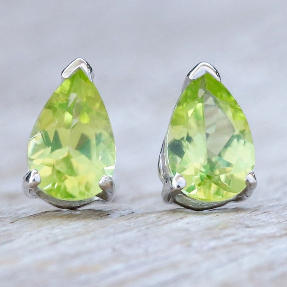 Sterling Silver Drop Earrings with Pear-Shaped Peridot Gems 'Fortune Blessing'