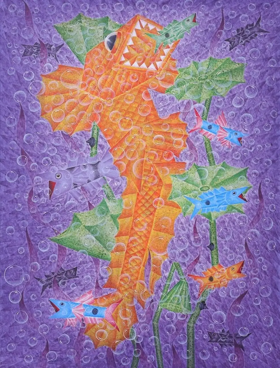 Signed Original Acrylic Painting from Thailand 'Big Fish Eat Little Fish I'