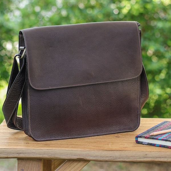 Alternate image for Handcrafted Adjustable 100 Chocolate Leather Shoulder Bag Metropolitan Chocolate
