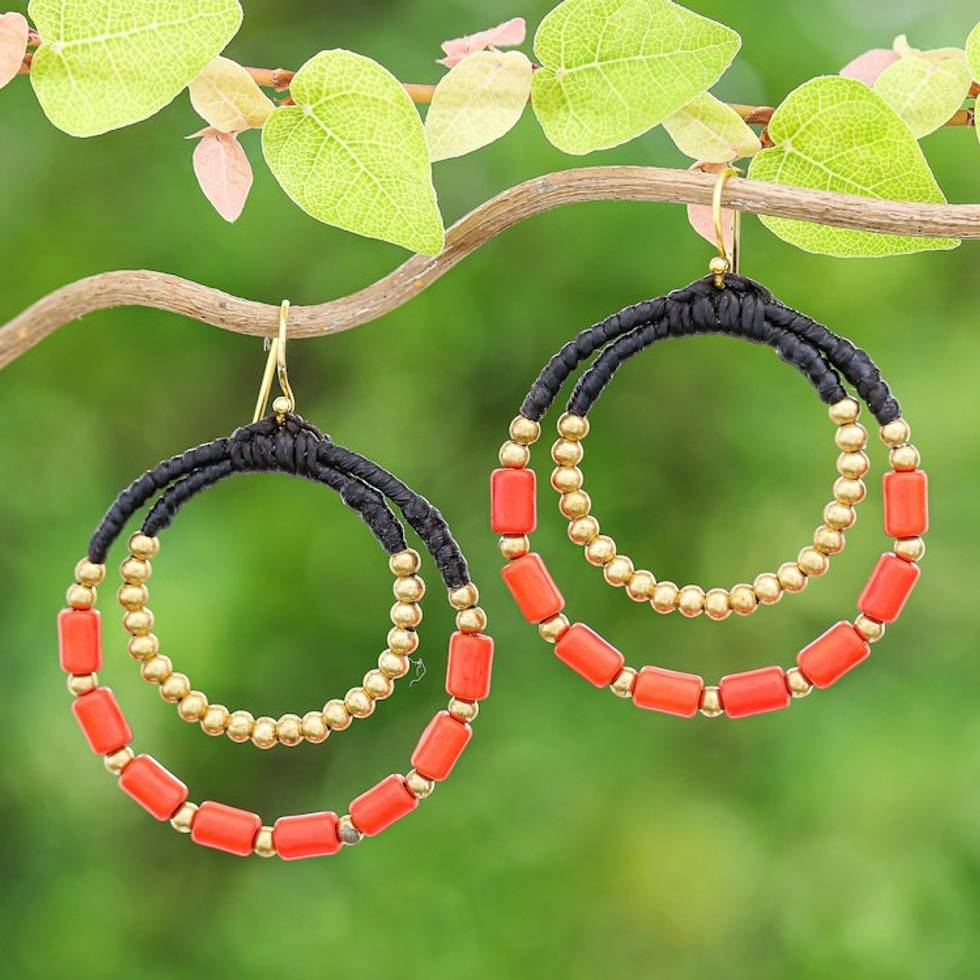 Orange Magnesite Brass Beaded Double Hoop Dangle Earrings 'Tangerine Glam'
