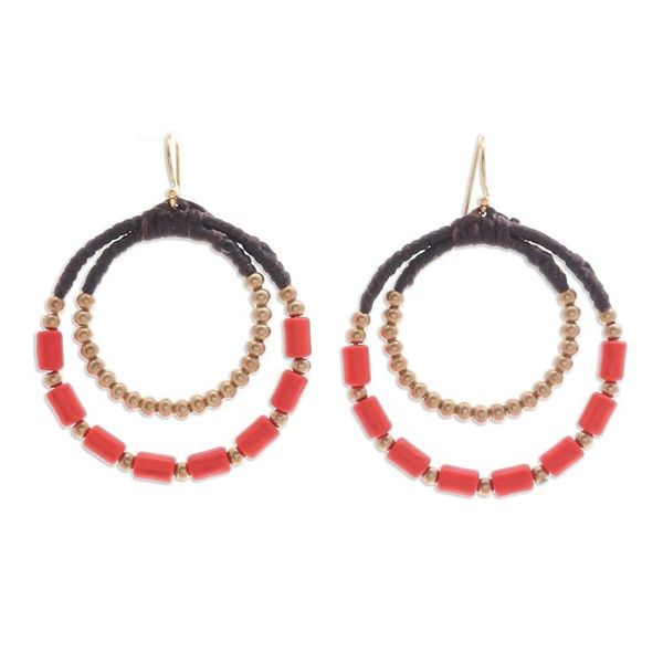 Alternate image for Orange Magnesite Brass Beaded Double Hoop Dangle Earrings Tangerine Glam
