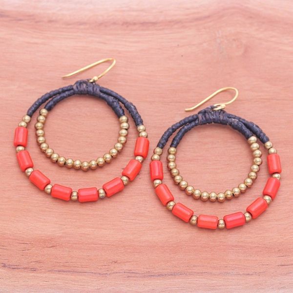 Alternate image for Orange Magnesite Brass Beaded Double Hoop Dangle Earrings Tangerine Glam