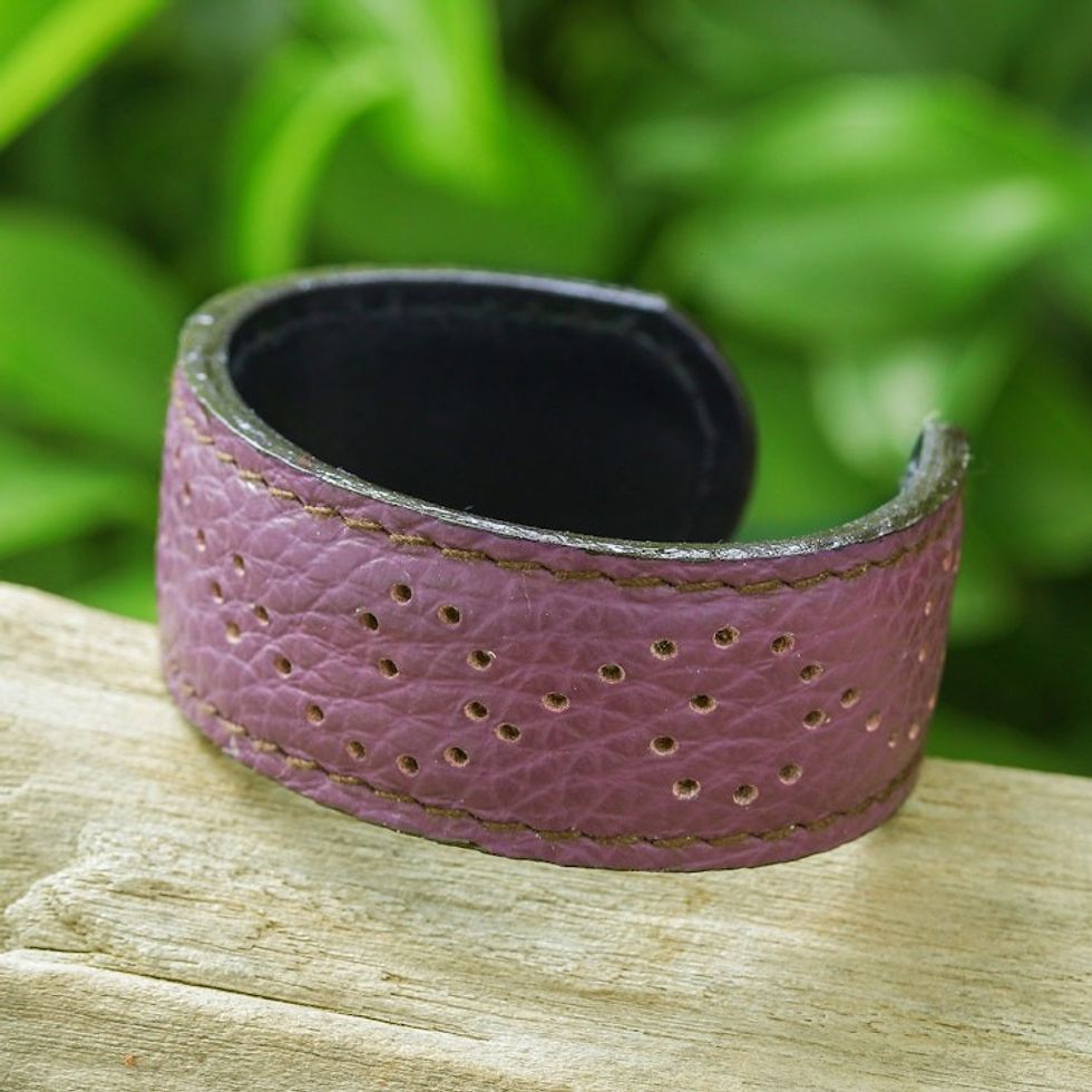 Purple Leather Cuff Bracelet with Dots Made in Thailand 'Dotted Purple'